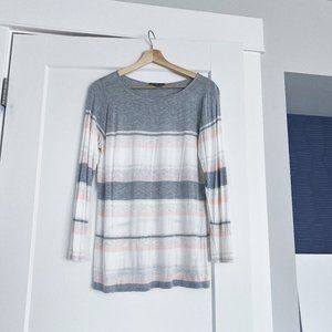VINCE Engineered Stripe Jersey Long-Sleeve Top Tee Medium Gray/Blush/White